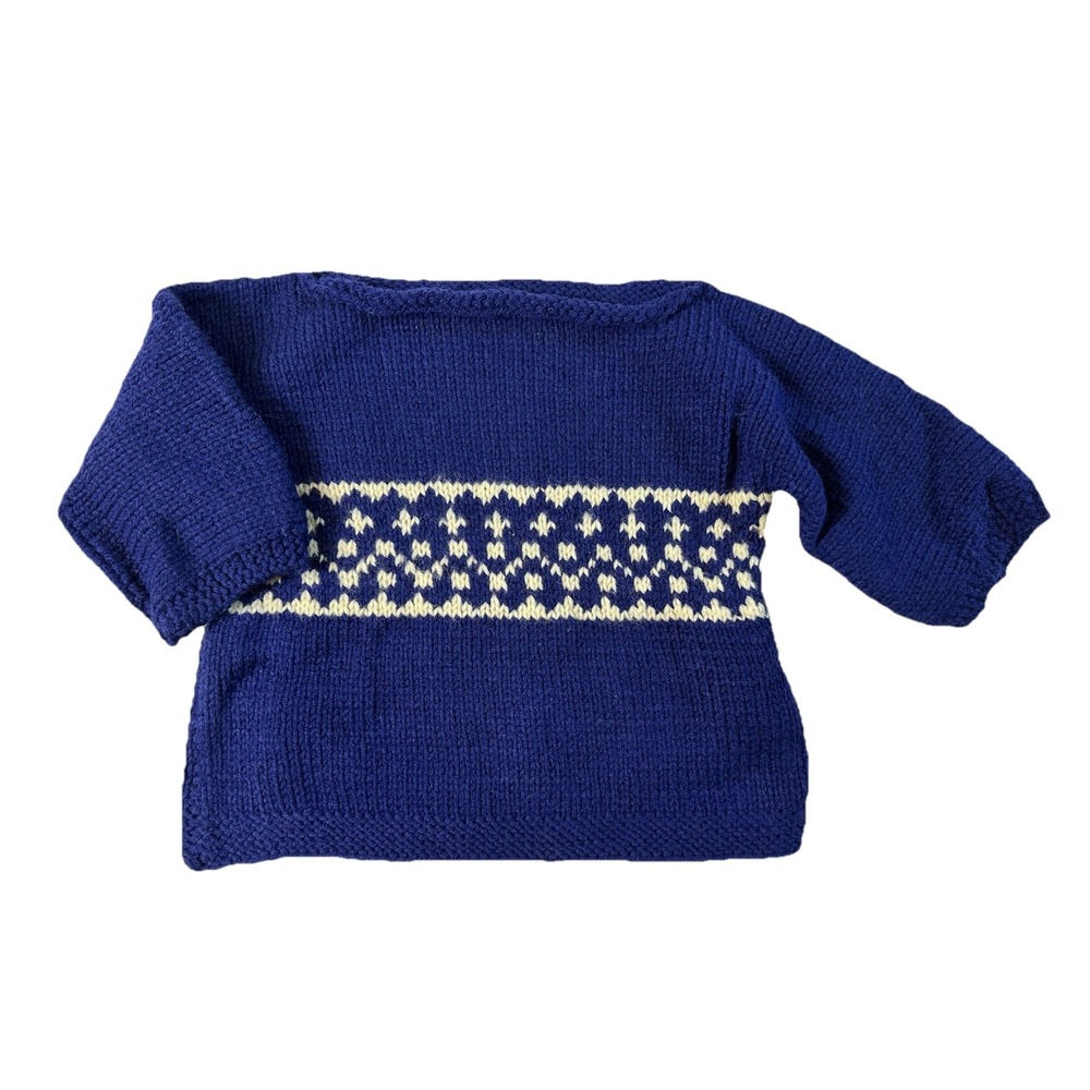 Vtg Handmade Knit Baby Sweater Fair Isle Boatneck Blue Cozy Size 3-6 Months